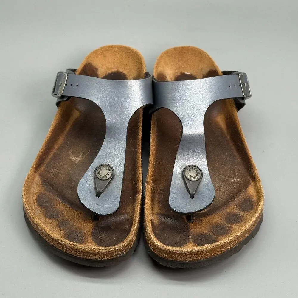 Birkenstock Gizeh Womens 6 Gray Blue Flip-Flop Sandals Open Toe Slip on Metallic